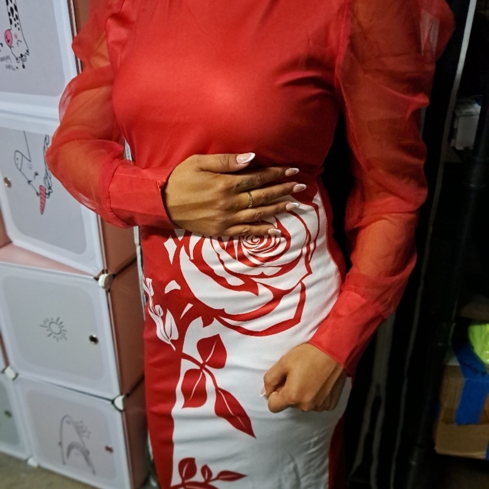 Red and White Ruffled Sheath Dress